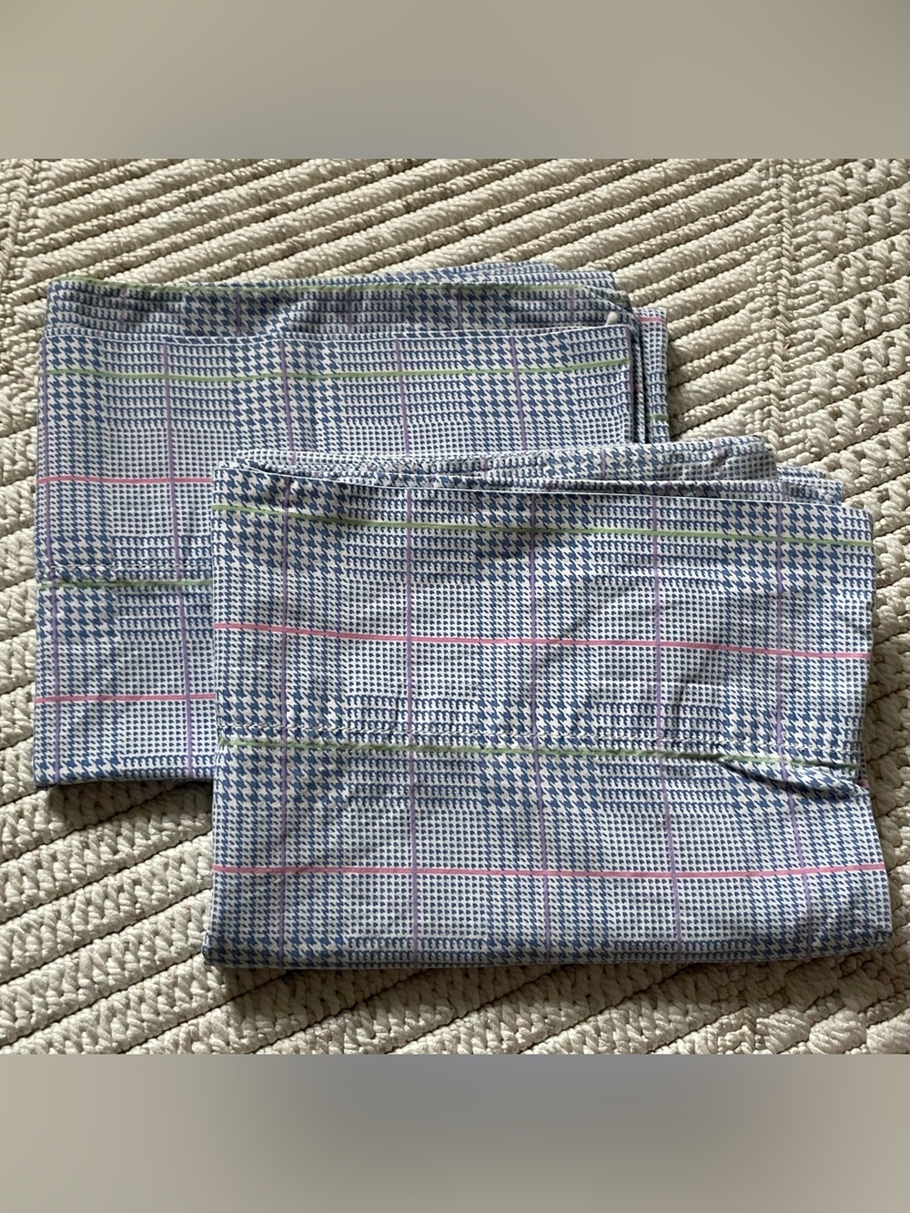 Ralph Lauren Blue & White Plaid Pillow Shams with Pink & Green Accents